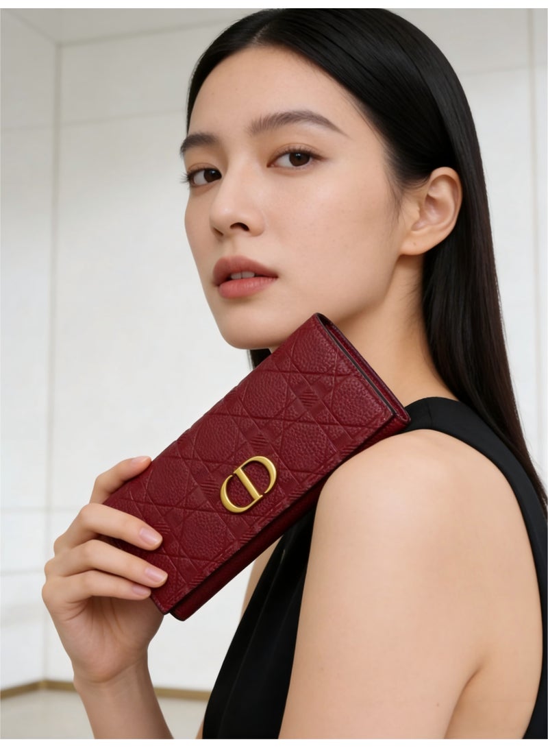 Diorra Women's Long Burgundy Quilted Flap Wallet with Metal Buckle, Leather Clutch - Image 2